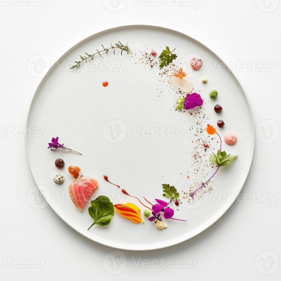 A plate designed to create negative space, with ingredients placed sparingly to highlight their beauty and importance, showcasing the minimalist aesthetic in food presentation, and drawing the eye to specific elements, isolated on clean white background. photo