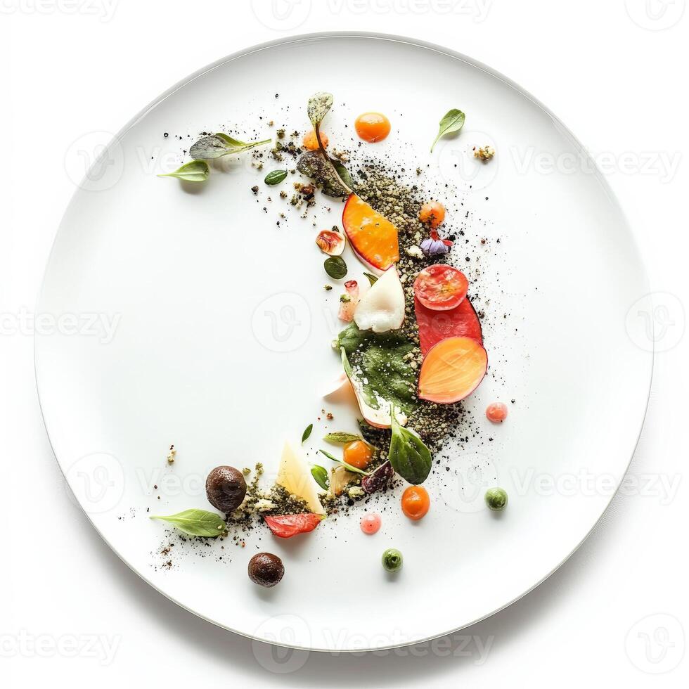A white plate used as a blank canvas for a vibrantly colored dish, showcasing the contrast between the plate and the ingredients, the use of white to make color pop and create a dramatic effect, isolated on clean white background. photo