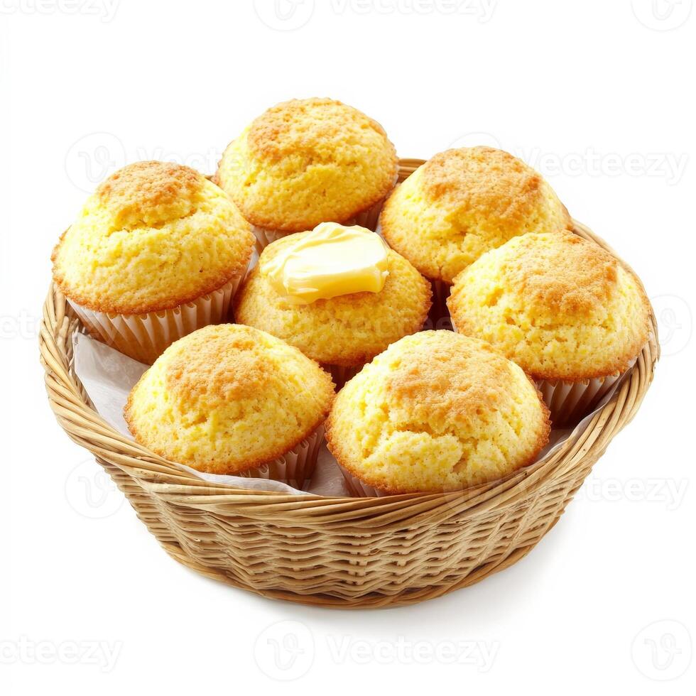 Cornbread muffins in a basket on a white background photo