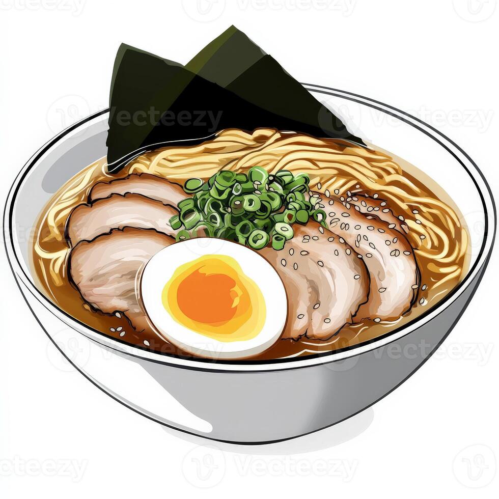 A steaming bowl of ramen with a rich, flavorful broth, topped with tender slices of pork, a soft-boiled egg, green onions, seaweed, and sesame seeds. The noodles are thick and wavy, absorbing the delicious soup. Isolated on clean white background photo