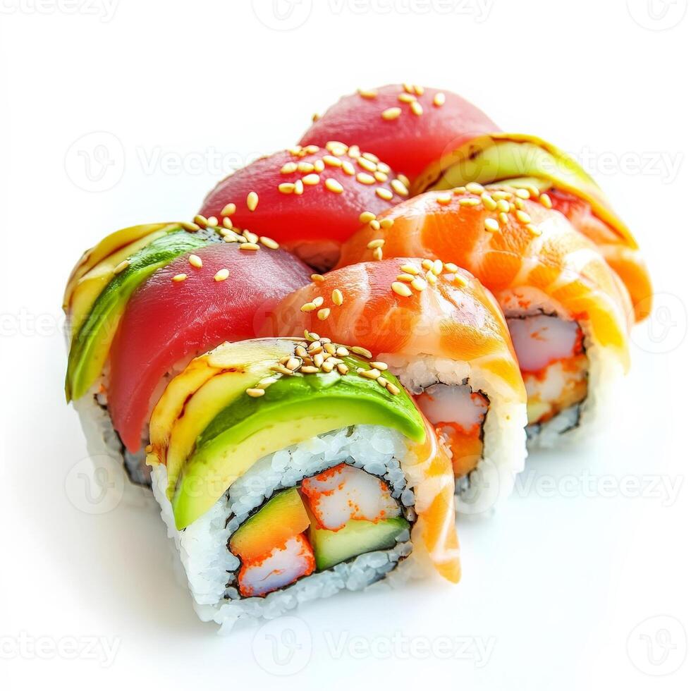 A colorful rainbow sushi roll, filled with fresh crab, avocado, and cucumber, topped with thin slices of tuna, salmon, and shrimp. The roll is garnished with sesame seeds. Isolated on clean white background photo