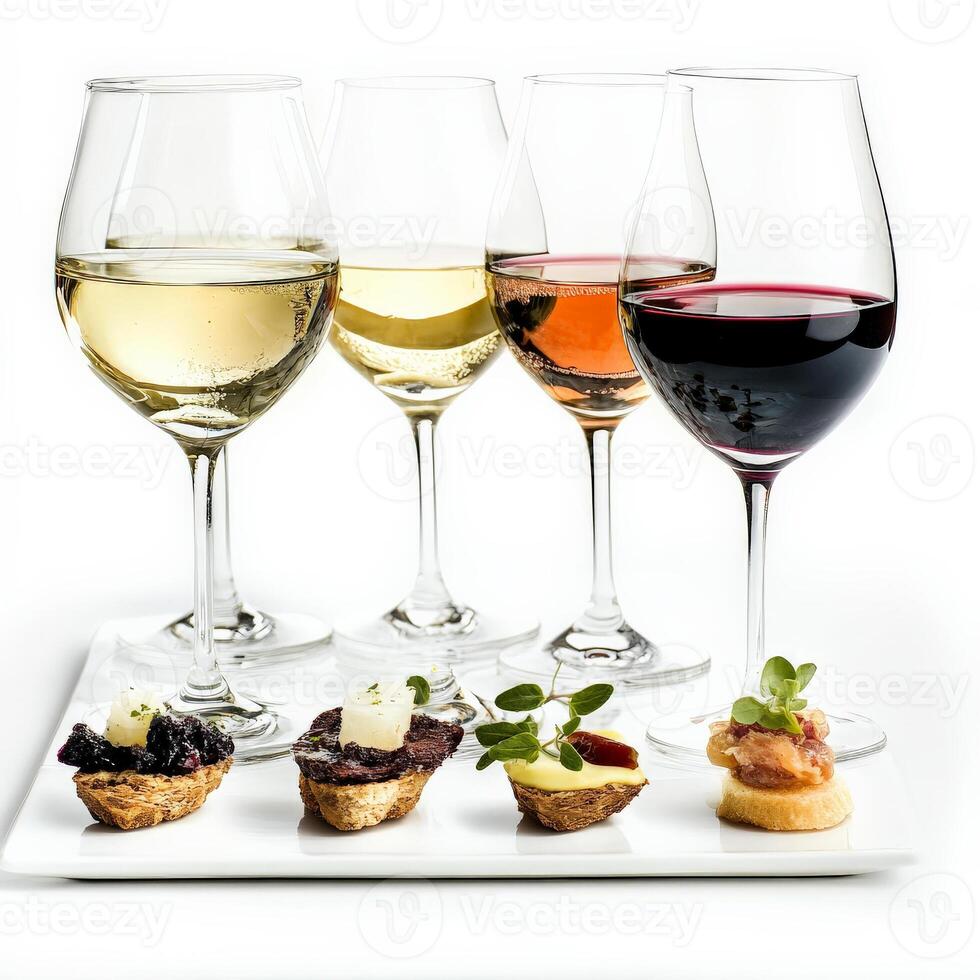 A tasting flight of wines, each presented in a different glass, paired with a small bite designed to complement its flavors, highlighting the art of wine pairing and the interplay of food and beverage, isolated on clean white background. photo