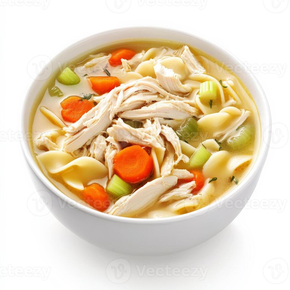 A steaming bowl of classic chicken noodle soup with tender shredded chicken, egg noodles, carrots, and celery in a flavorful golden broth. A comforting dish for any season. Isolated on clean white background photo