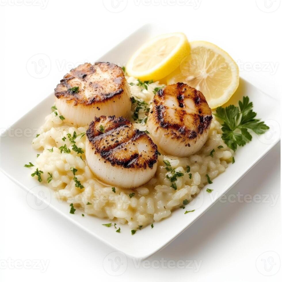 A plate of perfectly grilled scallops, seared to a golden brown and served with a light lemon butter sauce, alongside a bed of creamy risotto. A gourmet seafood dish. Isolated on clean white background photo