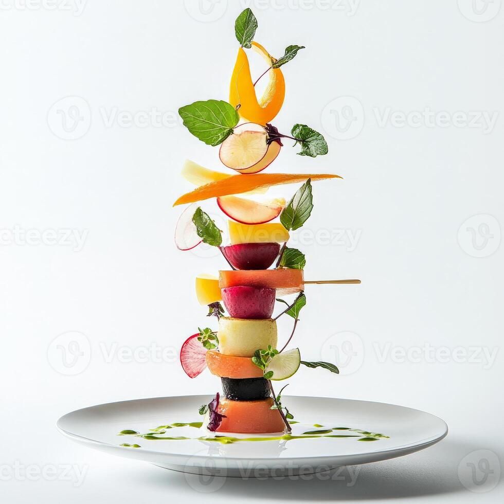 A plate with a stack of food on it photo