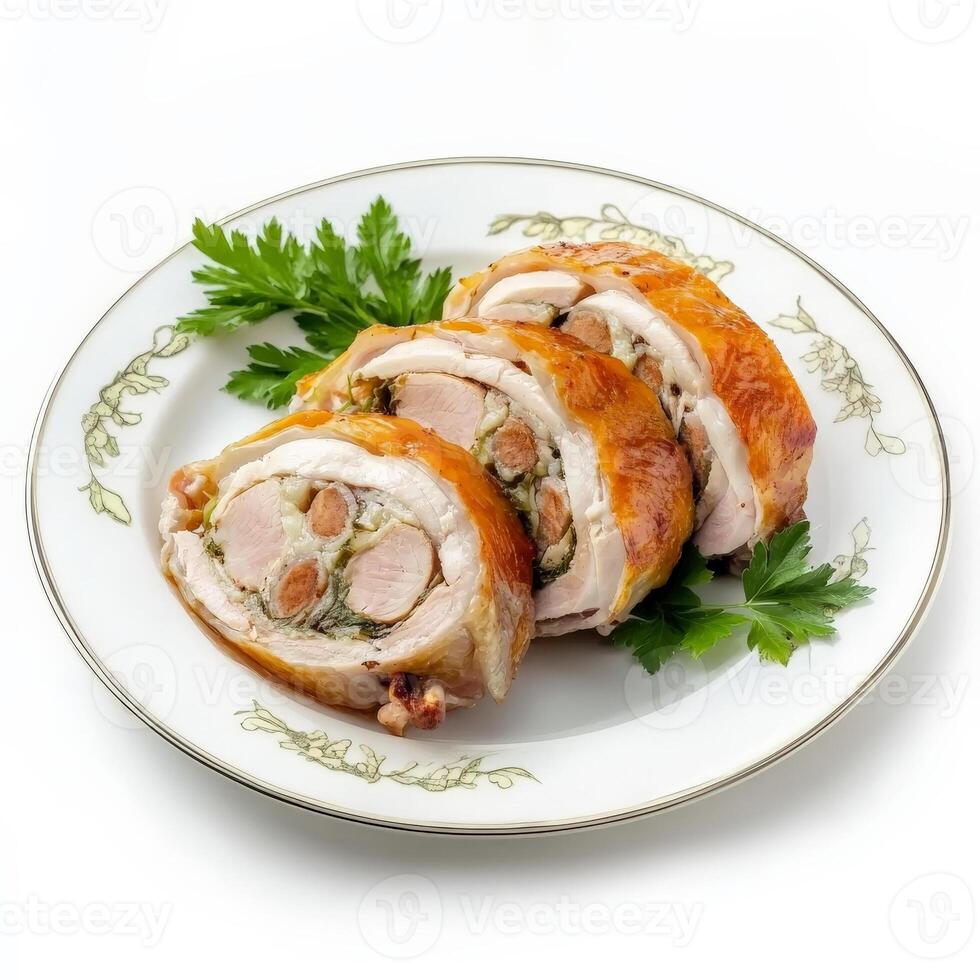 A plate of galantine de volaille, stuffed poultry, typically chicken or duck, served sliced as an appetizer or main course, showcasing the artistry of preparation and the delicate flavors, isolated on clean white background. photo