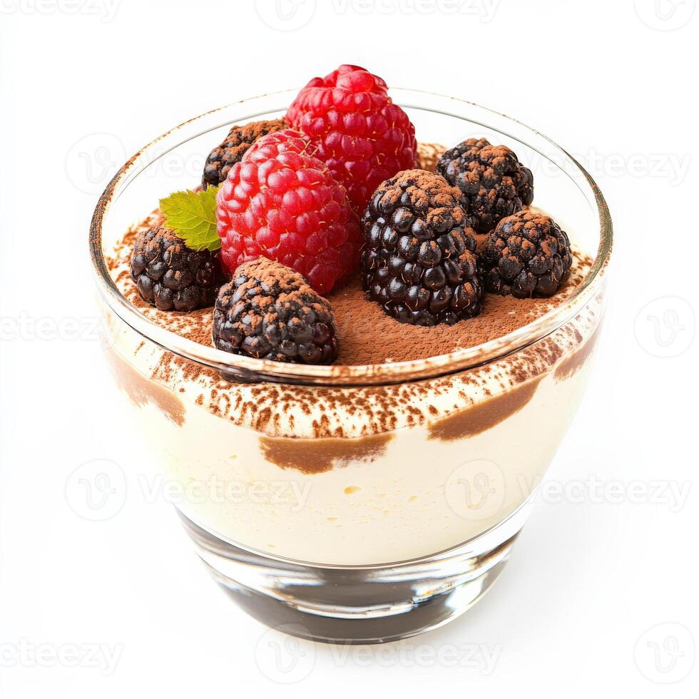 A close-up of a creamy crema di mascarpone dessert, a simple and elegant Italian dessert, made with mascarpone cheese, eggs, sugar, and a touch of liqueur, served in a glass and garnished with fresh berries, ladyfingers, or a sprinkle of cocoa powder, hig photo