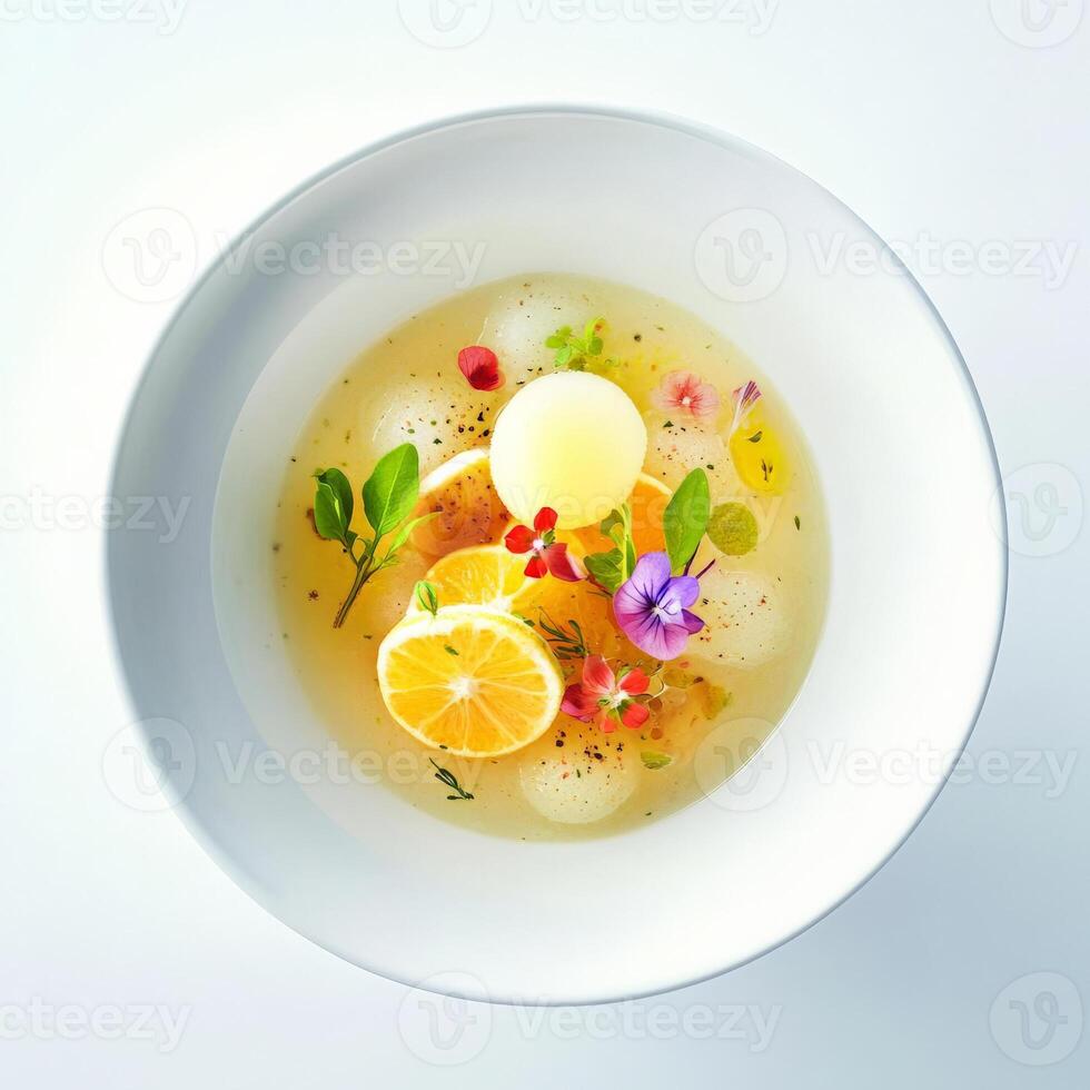A bowl of soup with an orange slice and herbs photo