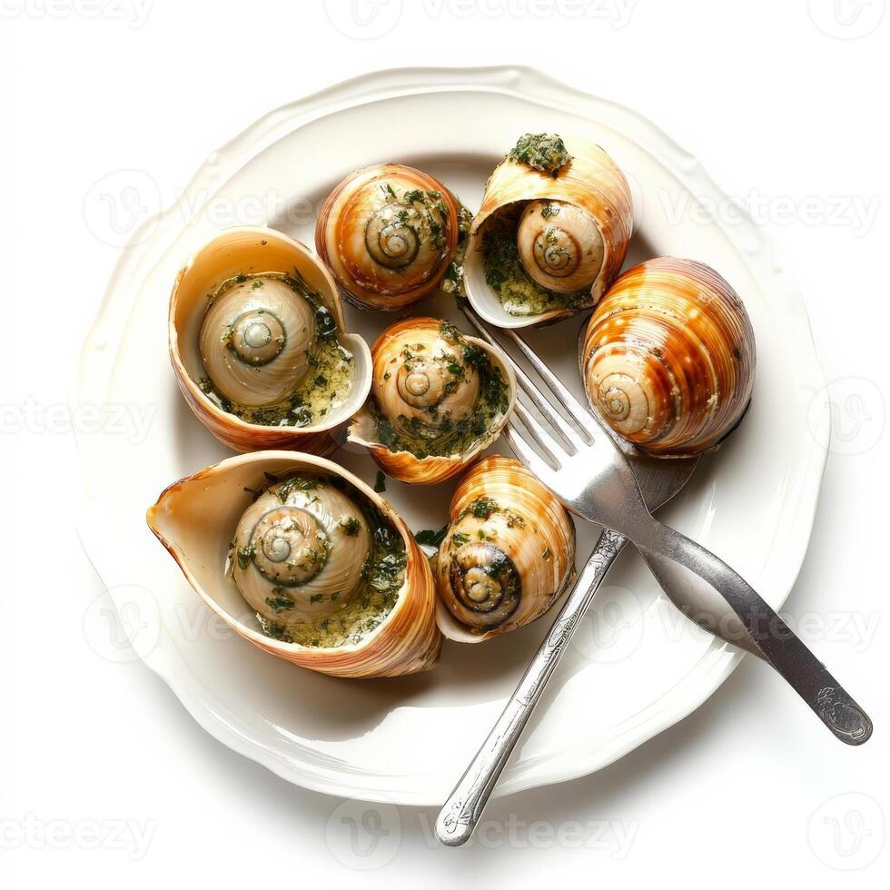 A plate with several snails on it with a fork photo