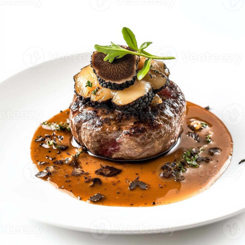 A plate of tournedos Rossini, a beef tenderloin steak topped with foie gras and truffles, served with Madeira sauce, a luxurious and decadent dish, showcasing the finest ingredients and the culinary expertise, isolated on a clean white background. photo