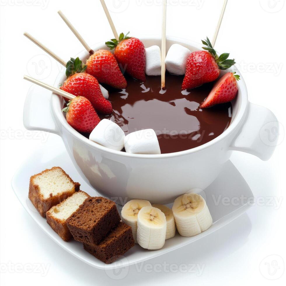 A chocolate fondue with strawberries and bananas photo