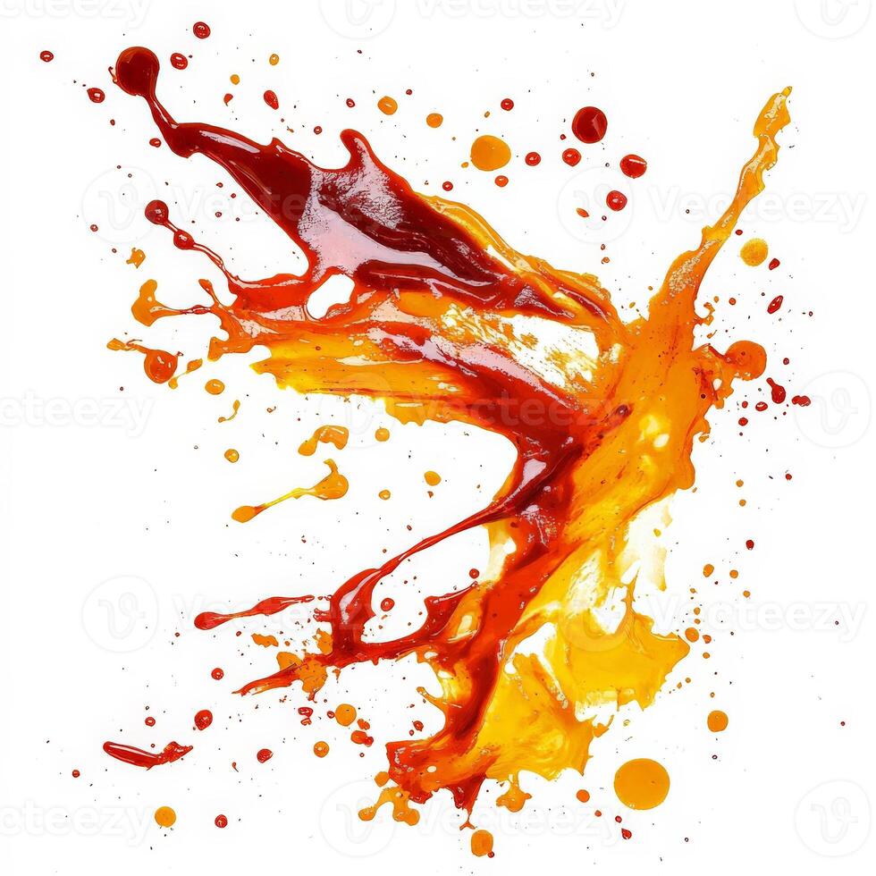 A sauce applied in a painterly style, with brushstrokes and splatters of color, showcasing the use of sauce as an expressive and artistic medium, adding movement and energy to the dish, isolated on clean white background. photo