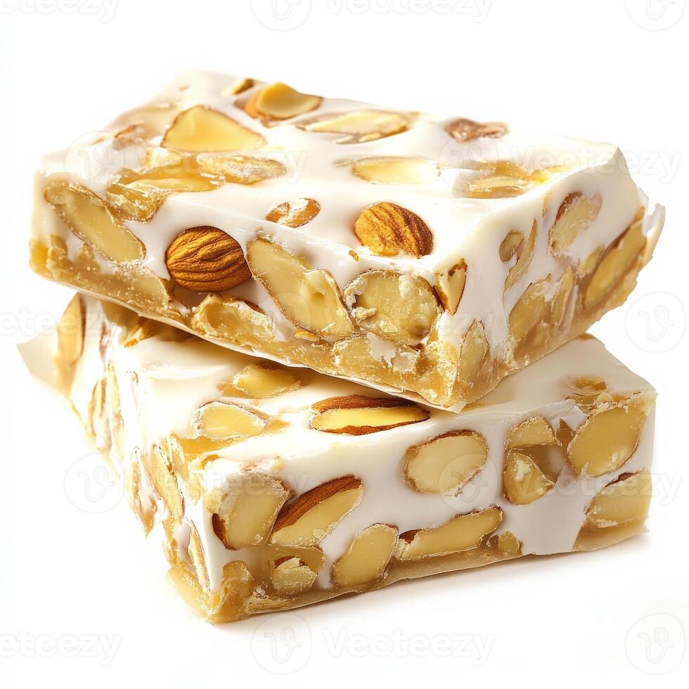 A close-up of a sweet and sticky torrone dessert, an Italian nougat candy, made with honey, sugar, egg whites, and nuts, such as almonds or hazelnuts, served sliced and wrapped in wafer paper, a traditional Christmas treat, isolated on clean white backgro photo