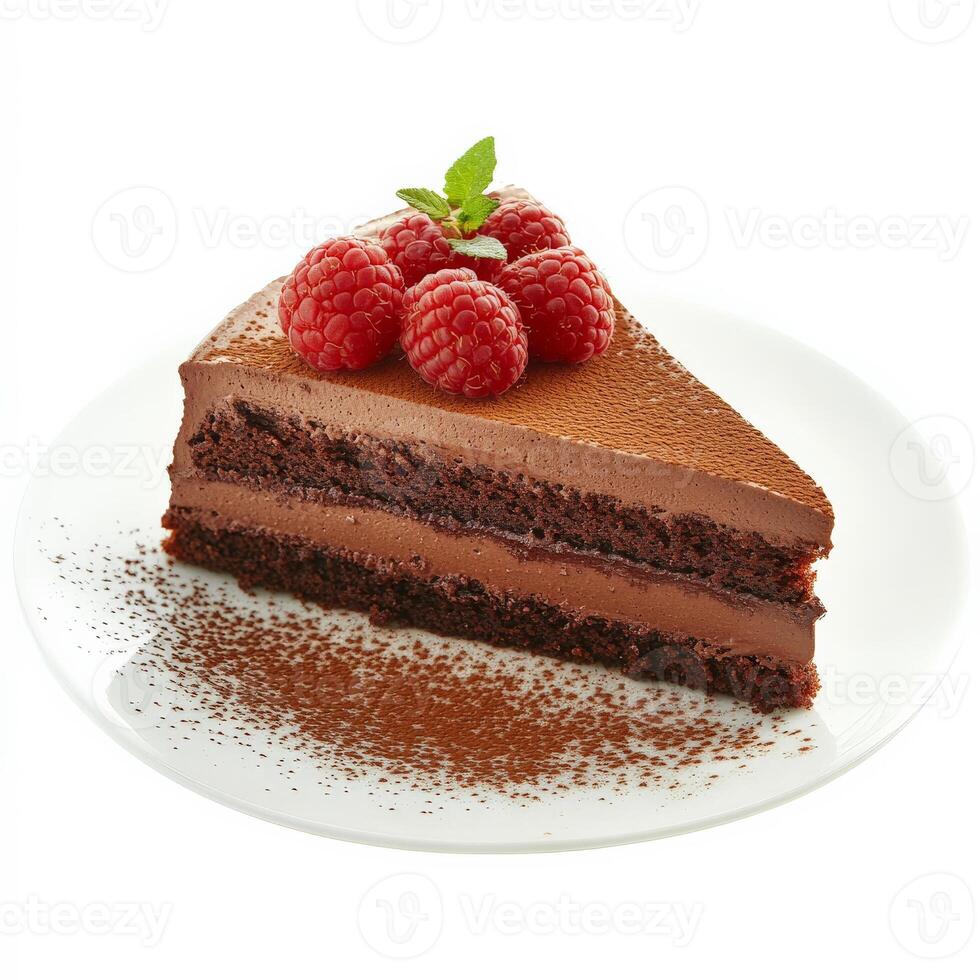 A decadent slice of chocolate mousse cake, with layers of rich, dark chocolate mousse and moist chocolate cake, topped with a dusting of cocoa powder and fresh raspberries, served on a delicate dessert plate, showcasing the elegance of French pastry, isol photo