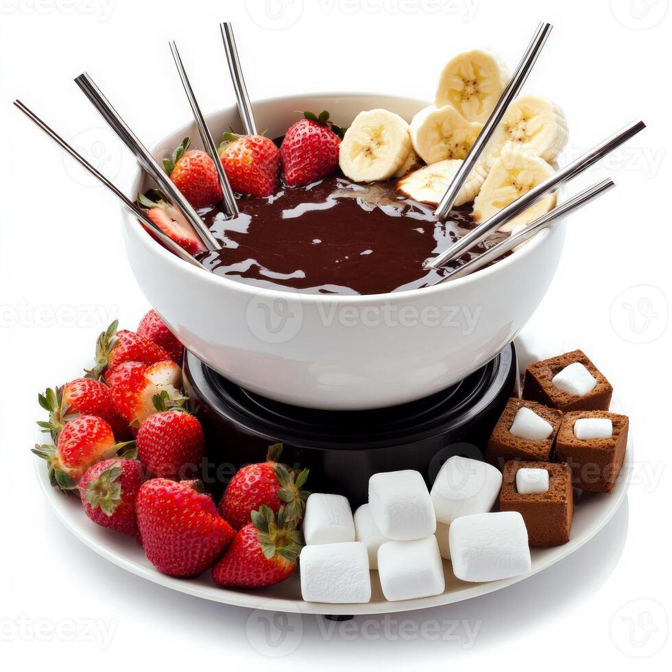 A chocolate fondue with strawberries and marshmallows photo
