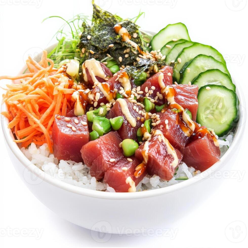 A beautifully presented poke bowl with fresh, cubed ahi tuna marinated in a soy-ginger sauce, served over sushi rice, and topped with avocado, shredded carrots, cucumber slices, seaweed salad, sesame seeds, and a drizzle of spicy mayo. A fresh and healthy photo
