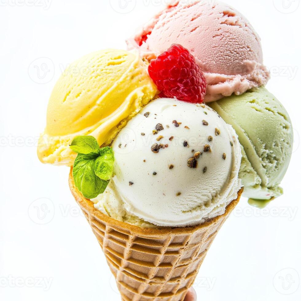 A close-up of a refreshing Italian gelato, a dense and creamy ice cream, available in a variety of flavors, such as pistachio, stracciatella, and lemon, served in a cone or cup and garnished with fresh fruit, isolated on clean white background. photo