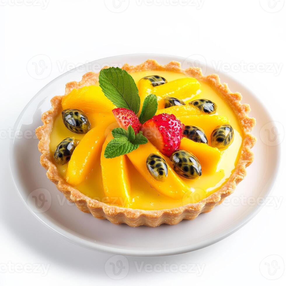 A vibrant dessert inspired by the tropical flavours of Caribbean cuisine and the delicate presentation of French patisserie, a mango and passion fruit tart, with a flaky crust, filled with a creamy custard and topped with exotic fruits, arranged elegantly photo