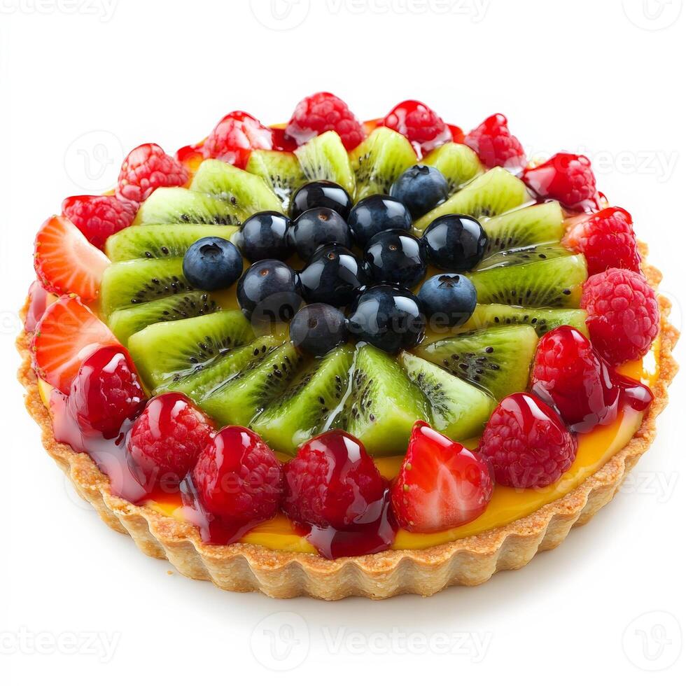 A colorful fruit tart with a buttery pastry crust filled with silky vanilla custard. The top is decorated with an array of fresh strawberries, kiwi slices, blueberries, and raspberries, glazed for a glossy finish. Isolated on clean white background photo