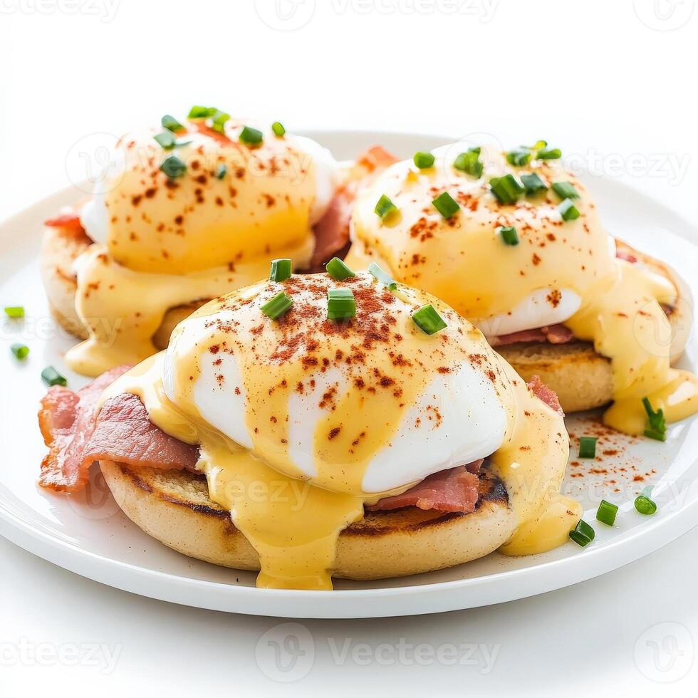 A plate of gourmet eggs Benedict, featuring perfectly poached eggs resting on slices of Canadian bacon and toasted English muffins, all smothered in rich, velvety hollandaise sauce. Garnished with a sprinkle of paprika and fresh chives for an elegant brun photo