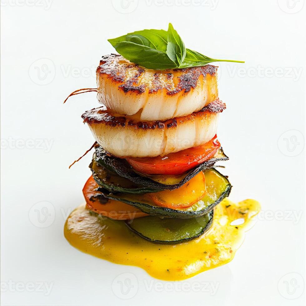 A vertical composition of pan-seared scallops, stacked atop a colorful ratatouille tower, drizzled with a saffron-infused aioli and garnished with a crispy basil leaf, showcasing the interplay of textures and the vibrant presentation of a classic Mediterr photo