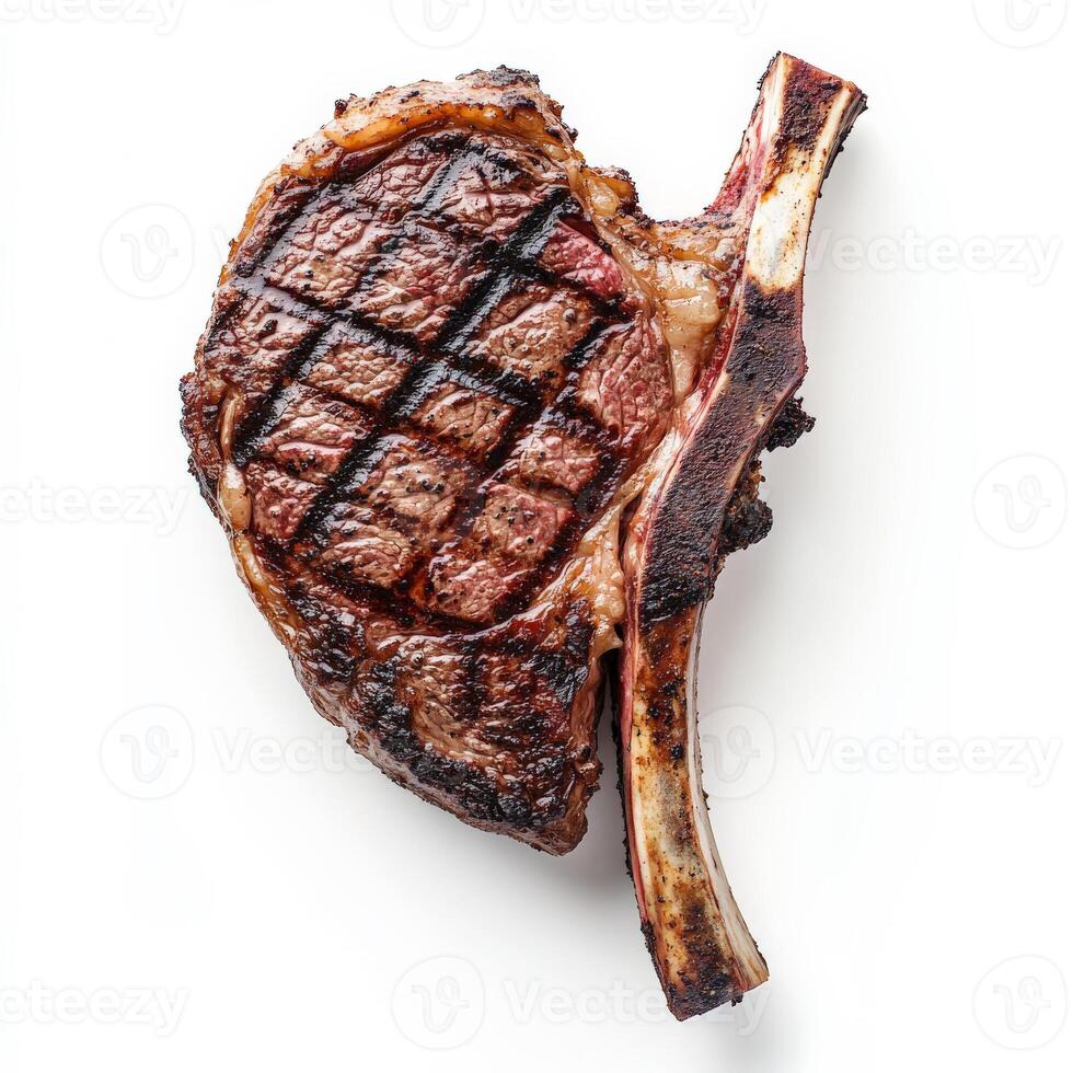 A perfectly grilled tomahawk steak, cooked to a medium-rare perfection, with a beautifully seared crust. The thick bone-in ribeye is sliced to showcase its juicy, marbled texture. Isolated on clean white background photo