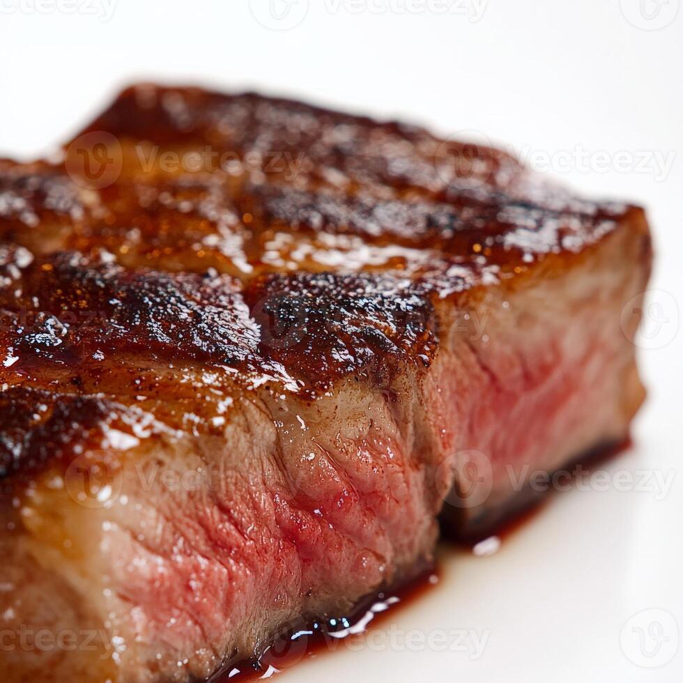 A close-up on the perfectly executed sear of a protein, its caramelized crust contrasting with a raw interior, showcasing the precision and control of temperature and cooking time in fine dining, isolated on clean white background. photo