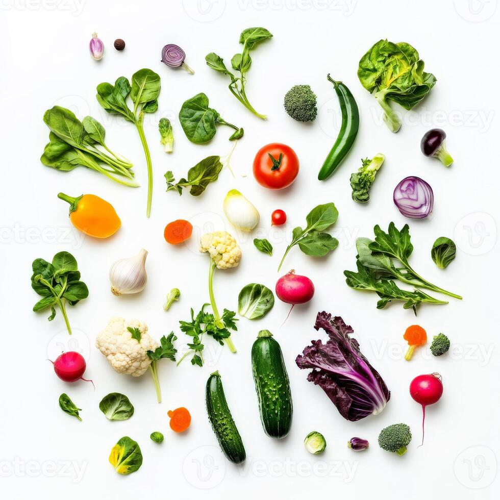 A vegetarian or vegan dish elevated with unusual or rare vegetables, highlighting the diversity and untapped potential of the plant kingdom in high-end cuisine, celebrating the beauty and flavor of produce, isolated on clean white background. photo