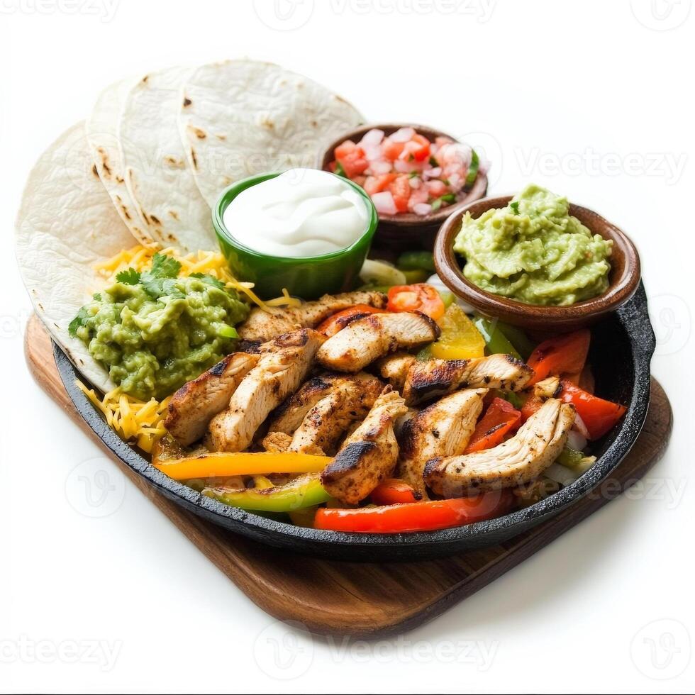 A sizzling hot fajita platter with grilled chicken, bell peppers, and onions, seasoned with smoky spices and served on a hot cast-iron skillet. Accompanied by warm flour tortillas, fresh guacamole, sour cream, shredded cheese, and pico de gallo for a cust photo