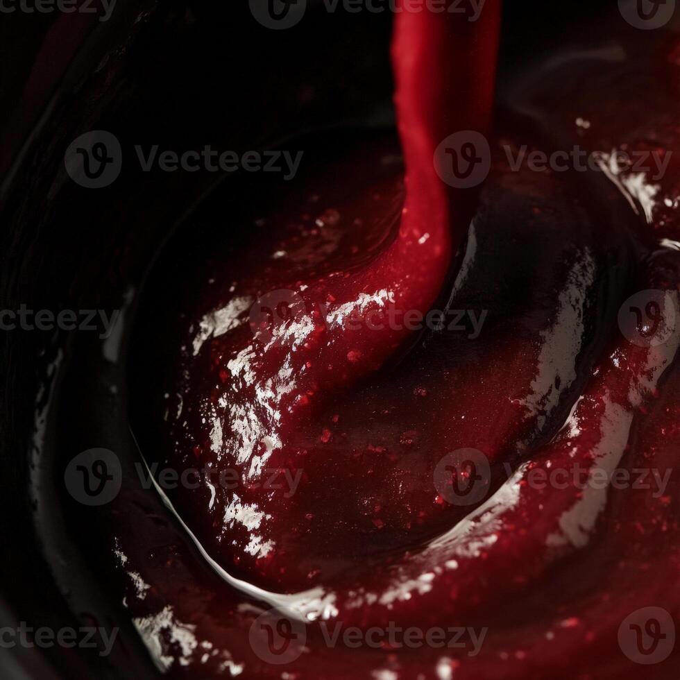 A close up of a red sauce being poured into a bowl photo