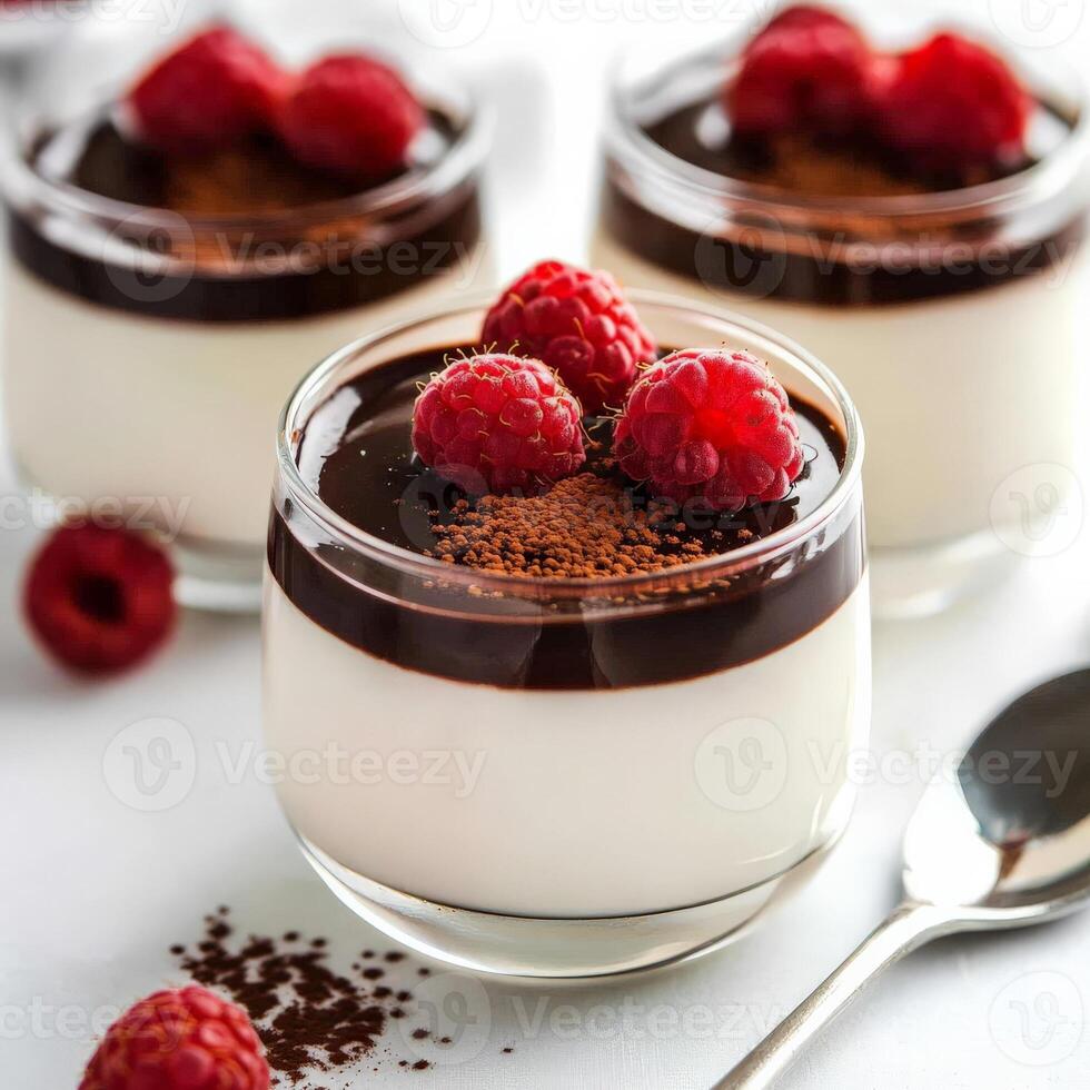 A close-up of a creamy panna cotta al cioccolato dessert, a smooth and delicate Italian dessert, made with heavy cream, sugar, and gelatin, infused with rich dark chocolate, and served in individual glasses, topped with a drizzle of chocolate sauce, a spr photo