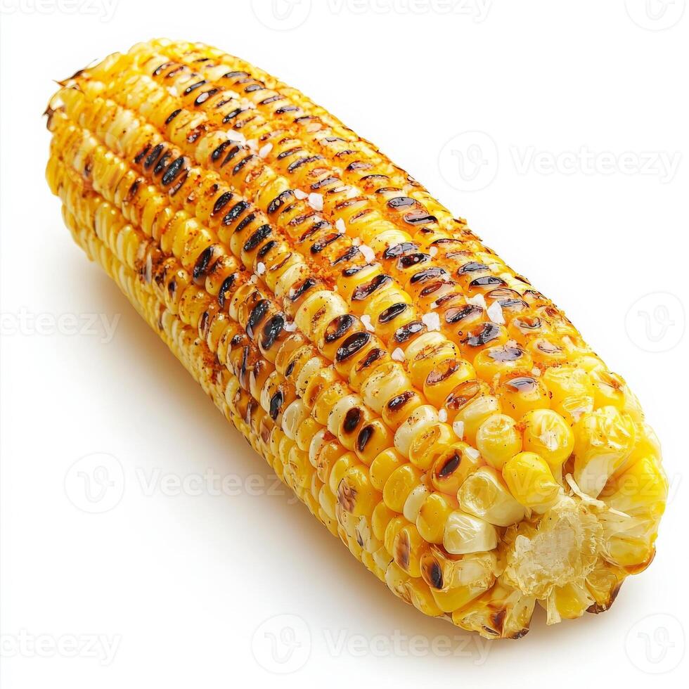 A perfectly grilled corn on the cob, coated in melted butter and sprinkled with salt and paprika. The golden kernels are slightly charred, enhancing their smoky sweetness. Isolated on clean white background photo