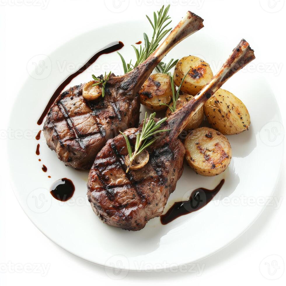 Grilled lamb chops with potatoes and rosemary on a white plate photo