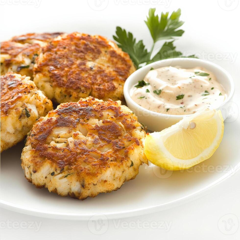 A plate of crab cakes with a lemon wedge photo