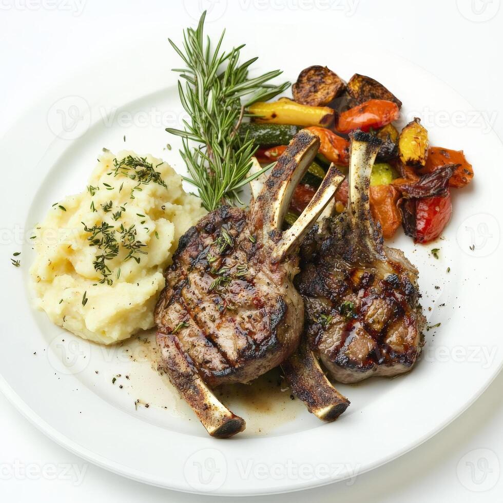 Grilled lamb chops with mashed potatoes and rosemary photo