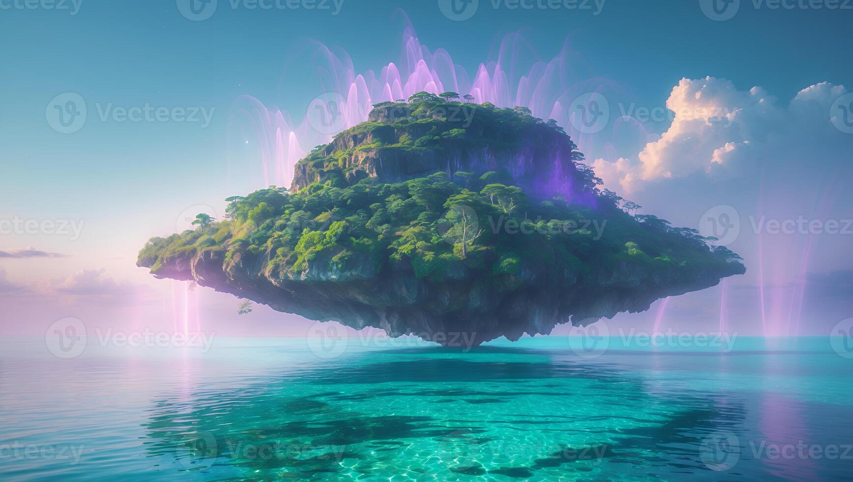 Floating Island Oasis in Calm Ocean with Mystical Light Effects photo