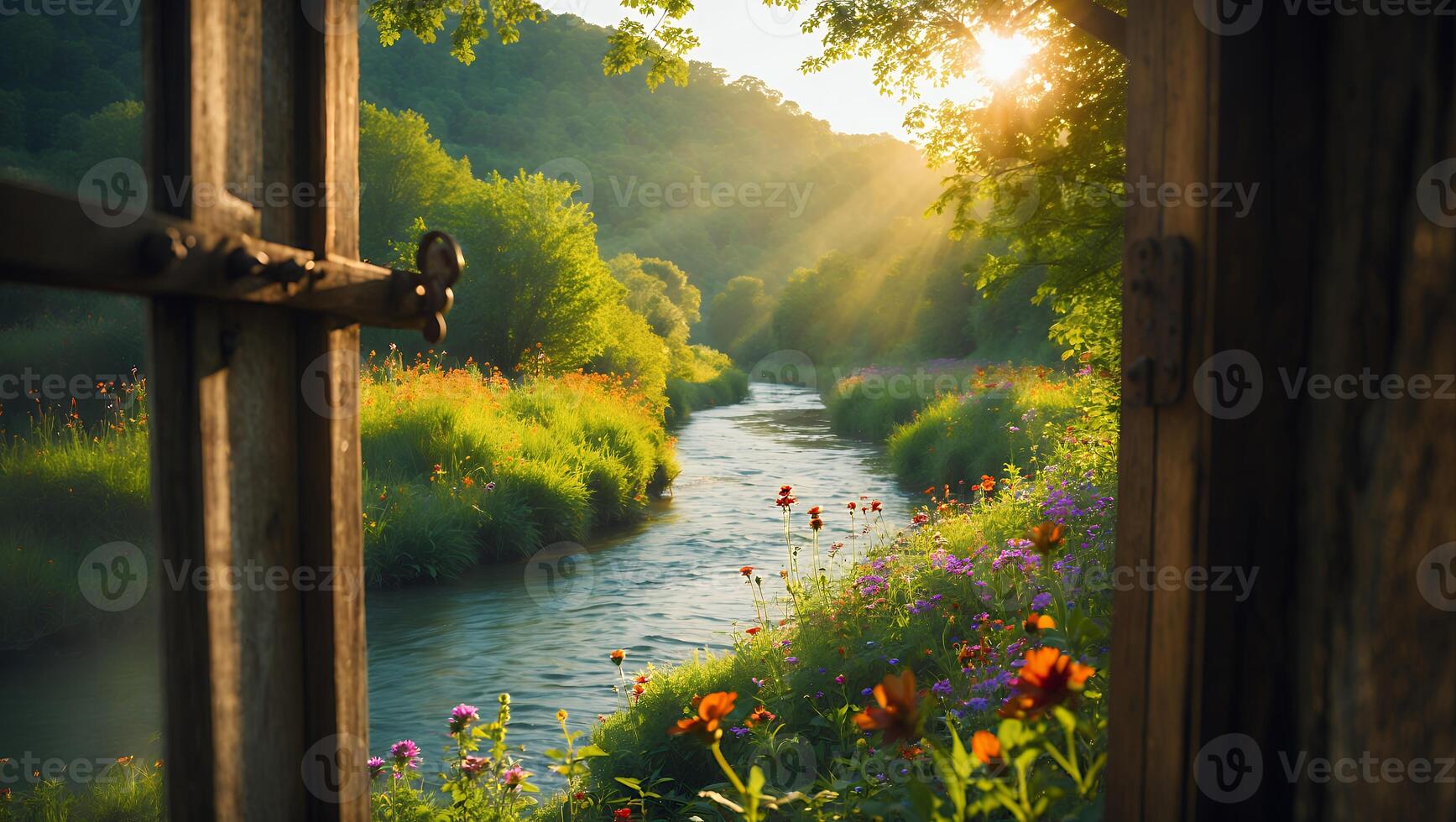 Viewing Peaceful River Flowing Through Meadow From Open Window Frame photo