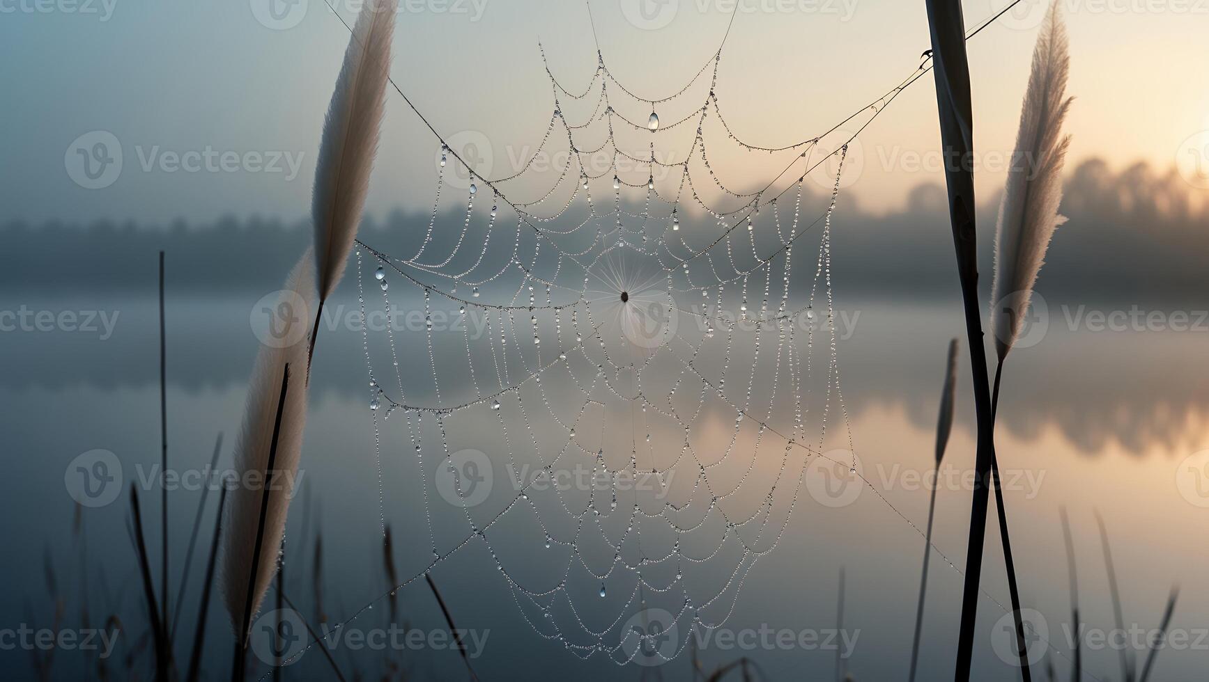 Spiderweb Covered in Dew by Lake at Dawn Nature Scene photo