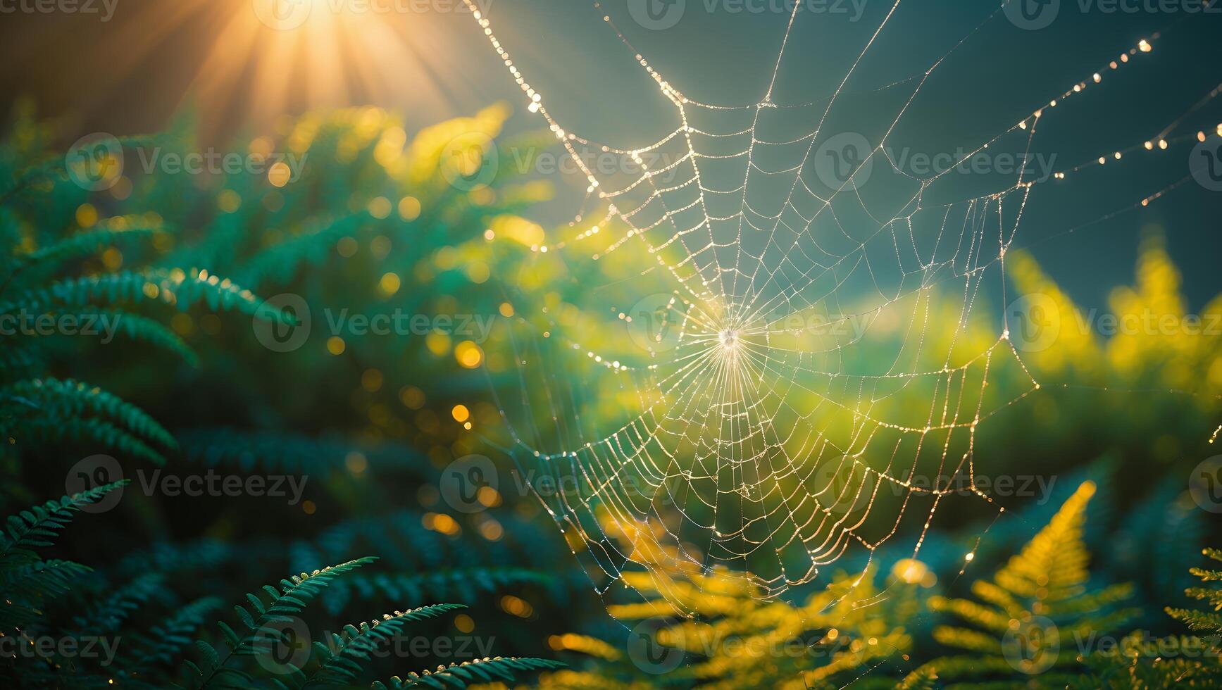 Dew Covered Spiderweb in Forest with Ferns and Sunburst photo