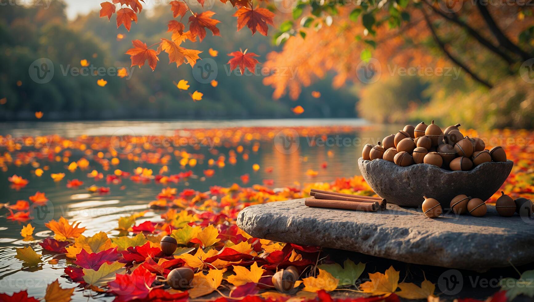 Autumnal River Landscape with Floating Leaves Acorns and Cinnamon Sticks photo