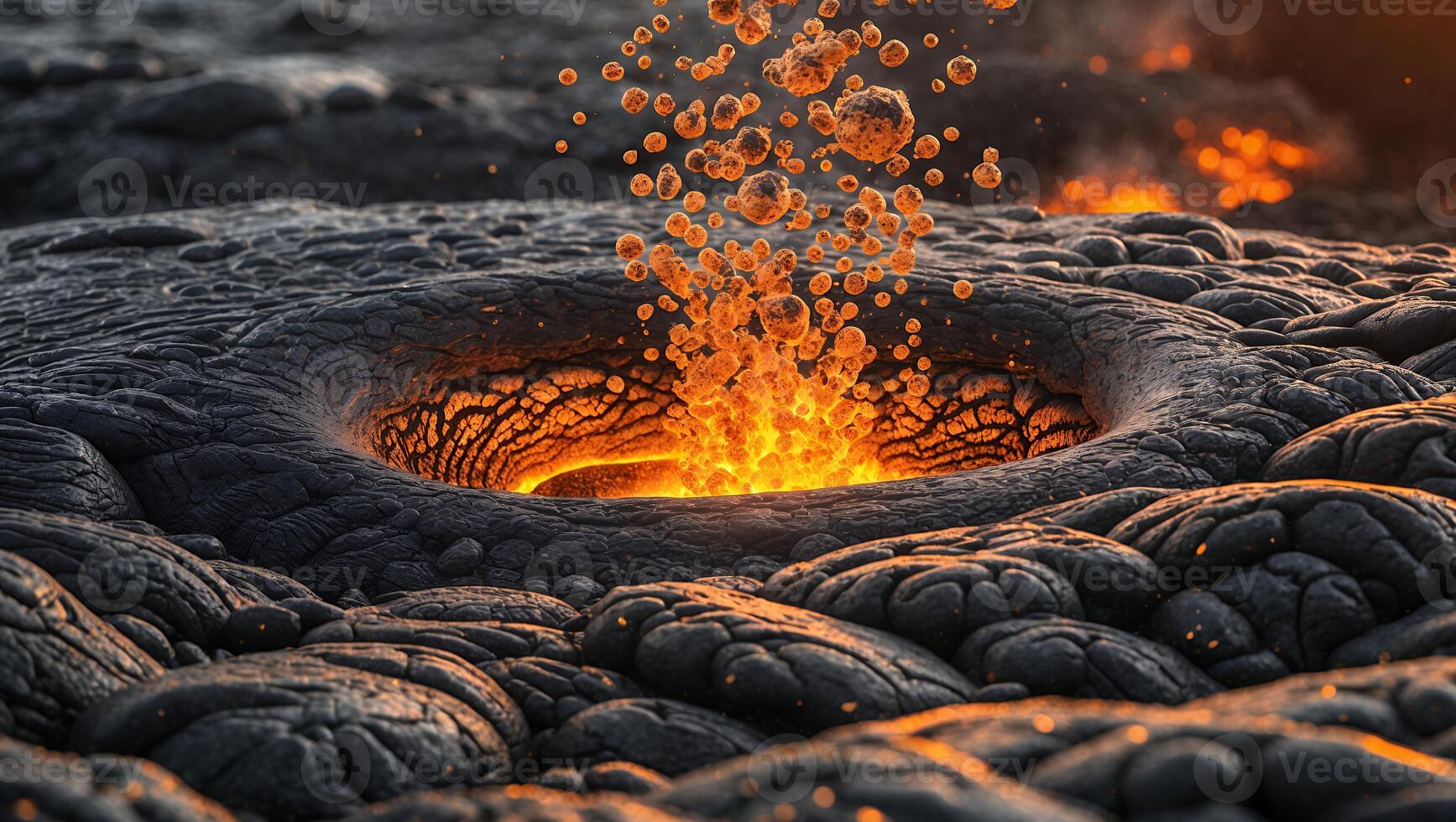 Lava Flows Through Crater with Bubbles in Volcanic Landscape photo