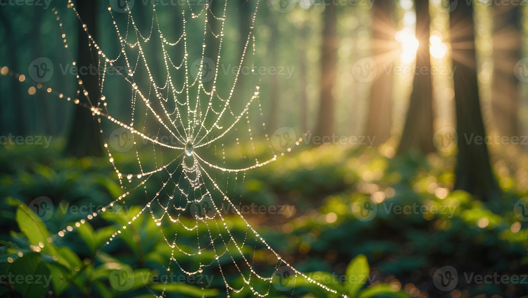 Spiderweb Covered with Morning Dew in Forest with Sunlight photo