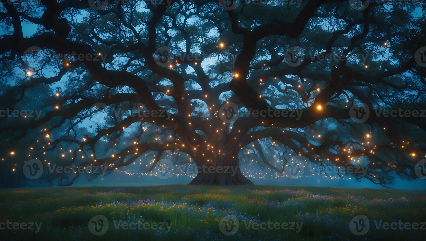 Majestic Tree Adorned with Fairy Lights on a Meadow at Twilight photo