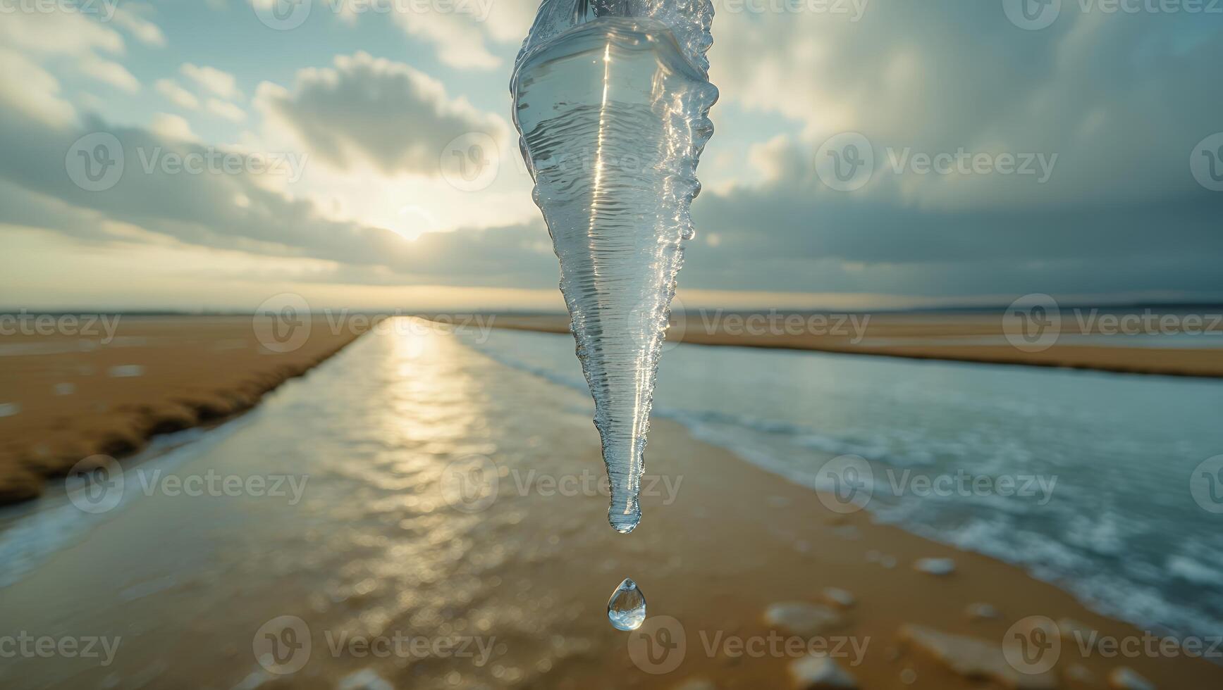 Melting Icicle Drips at Beach with Water Reflection During Sunset photo