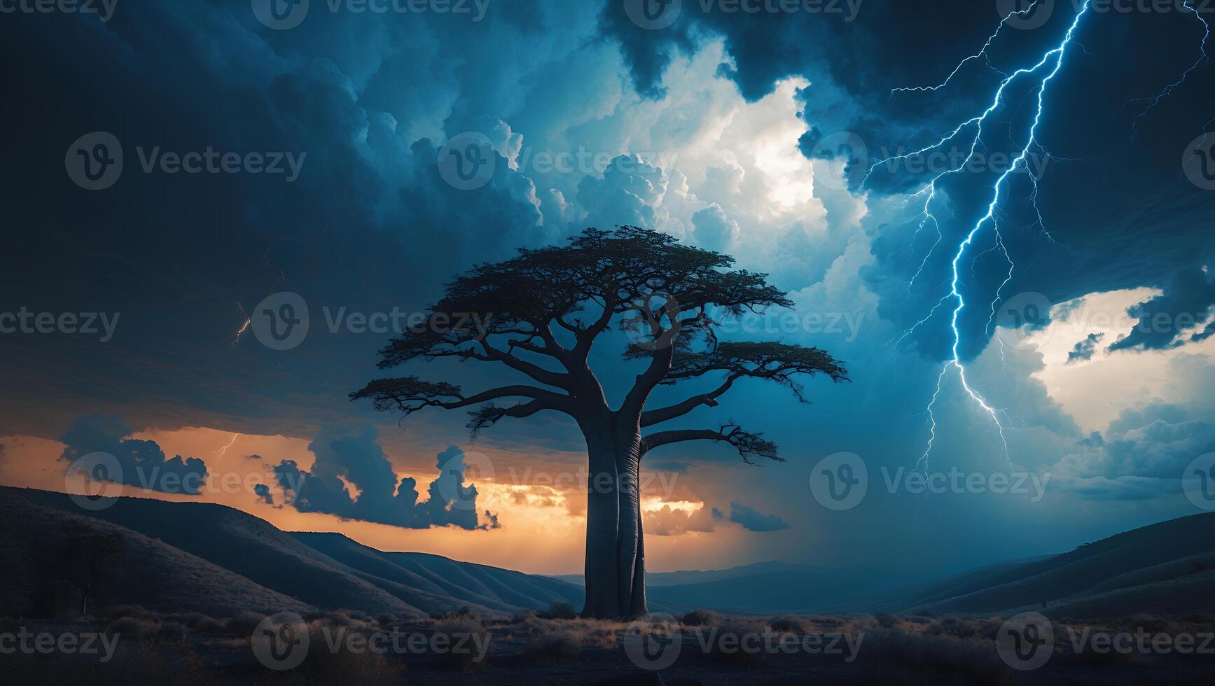 Lone Tree Silhouette Against Dramatic Lightning Storm Sky Landscape photo