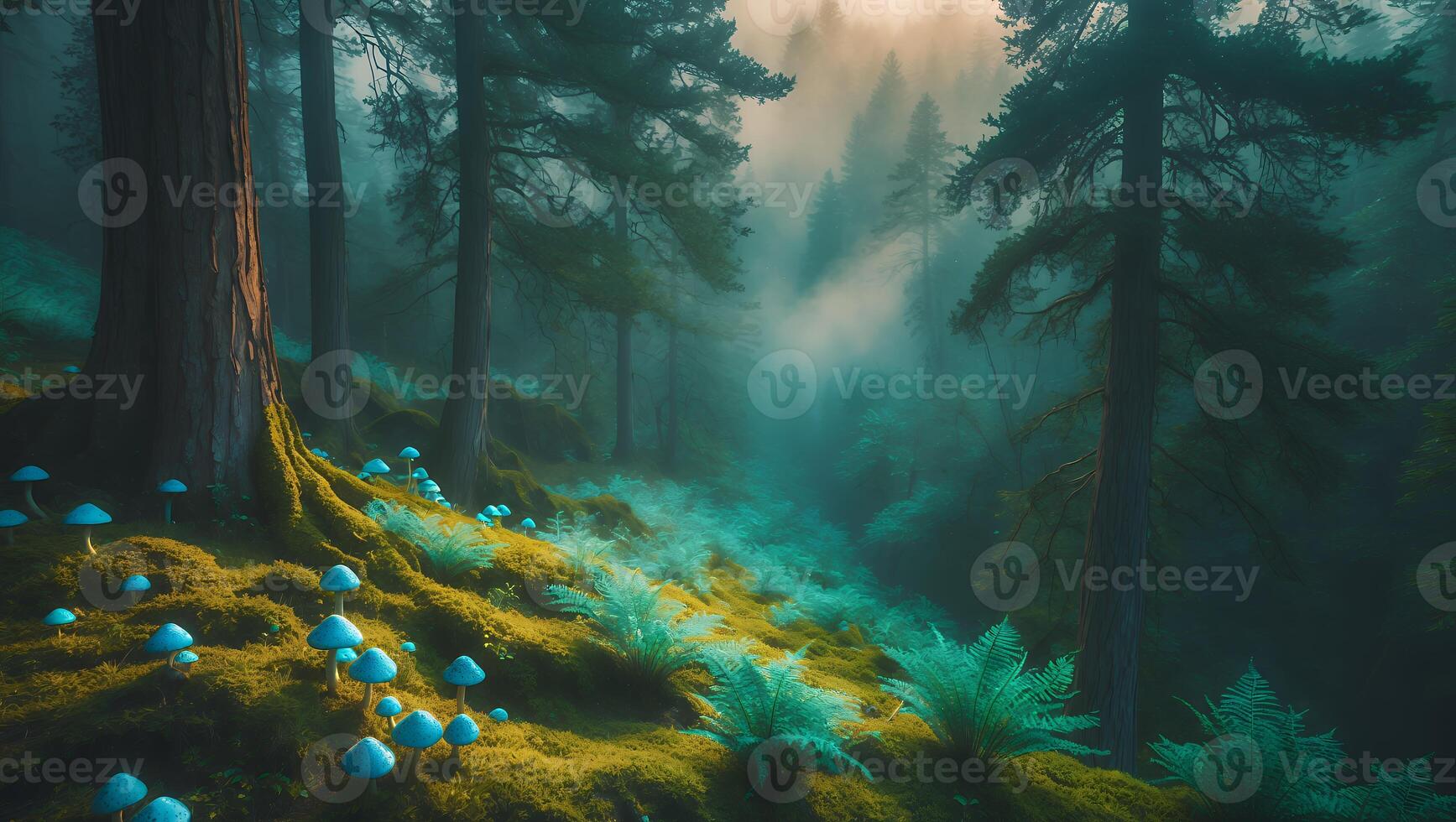 Magical Forest Floor with Mushrooms and Ferns in Misty Light photo
