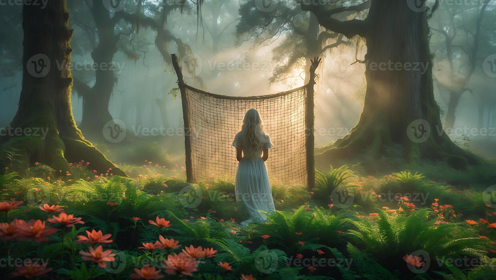 Woman Standing Before Net in Forest with Sunlight and Flowers photo