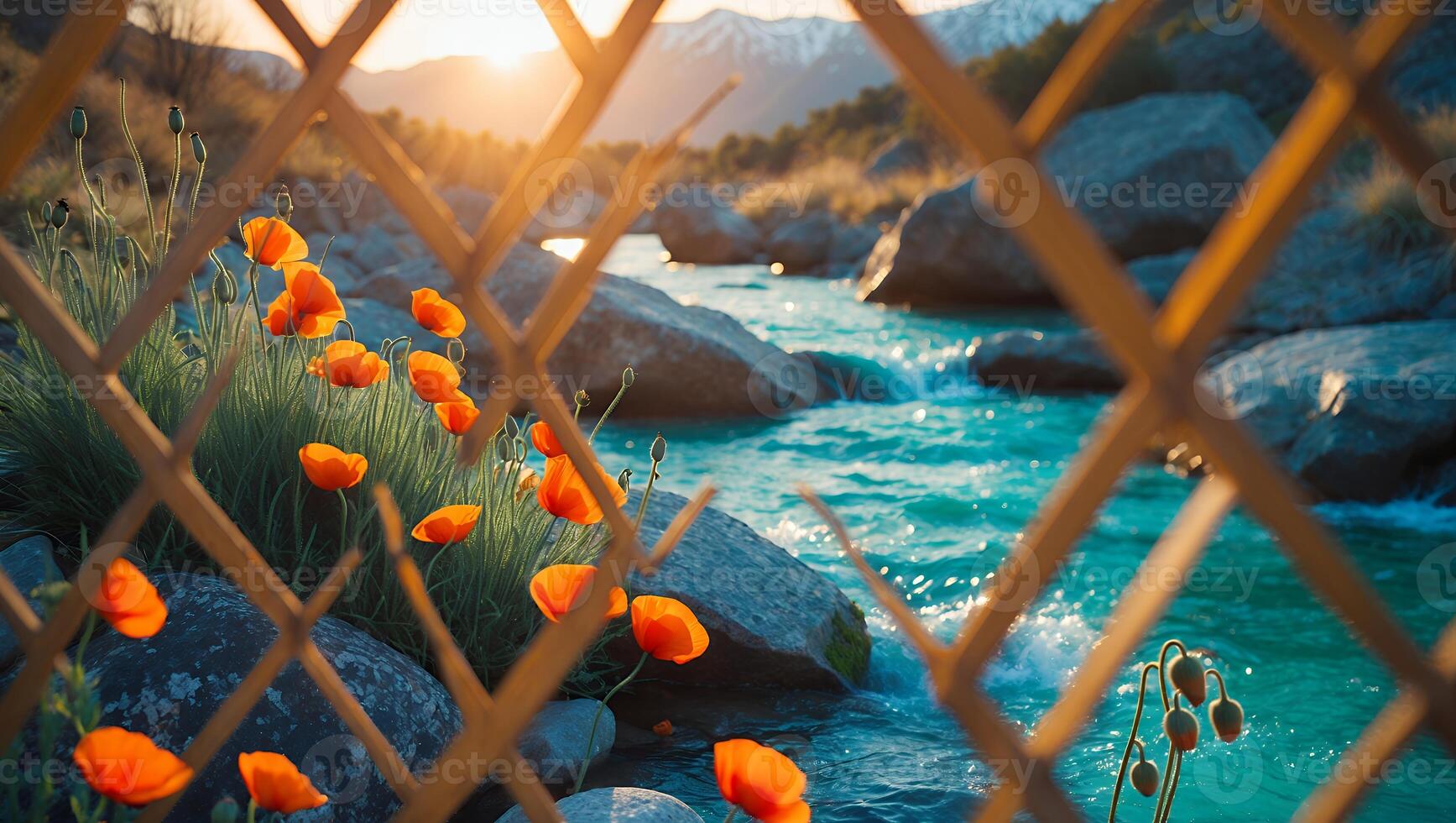 Orange Poppies by River Seen Through Wooden Lattice at Sunset photo