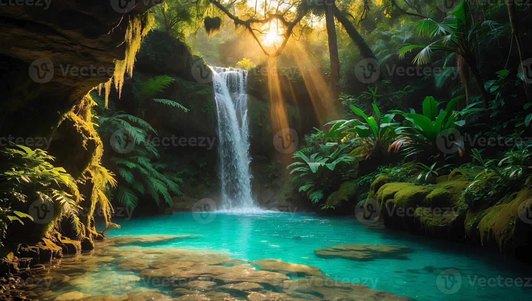 Waterfall Flowing Into Blue Pool with Sun Rays Through Lush Jungle photo