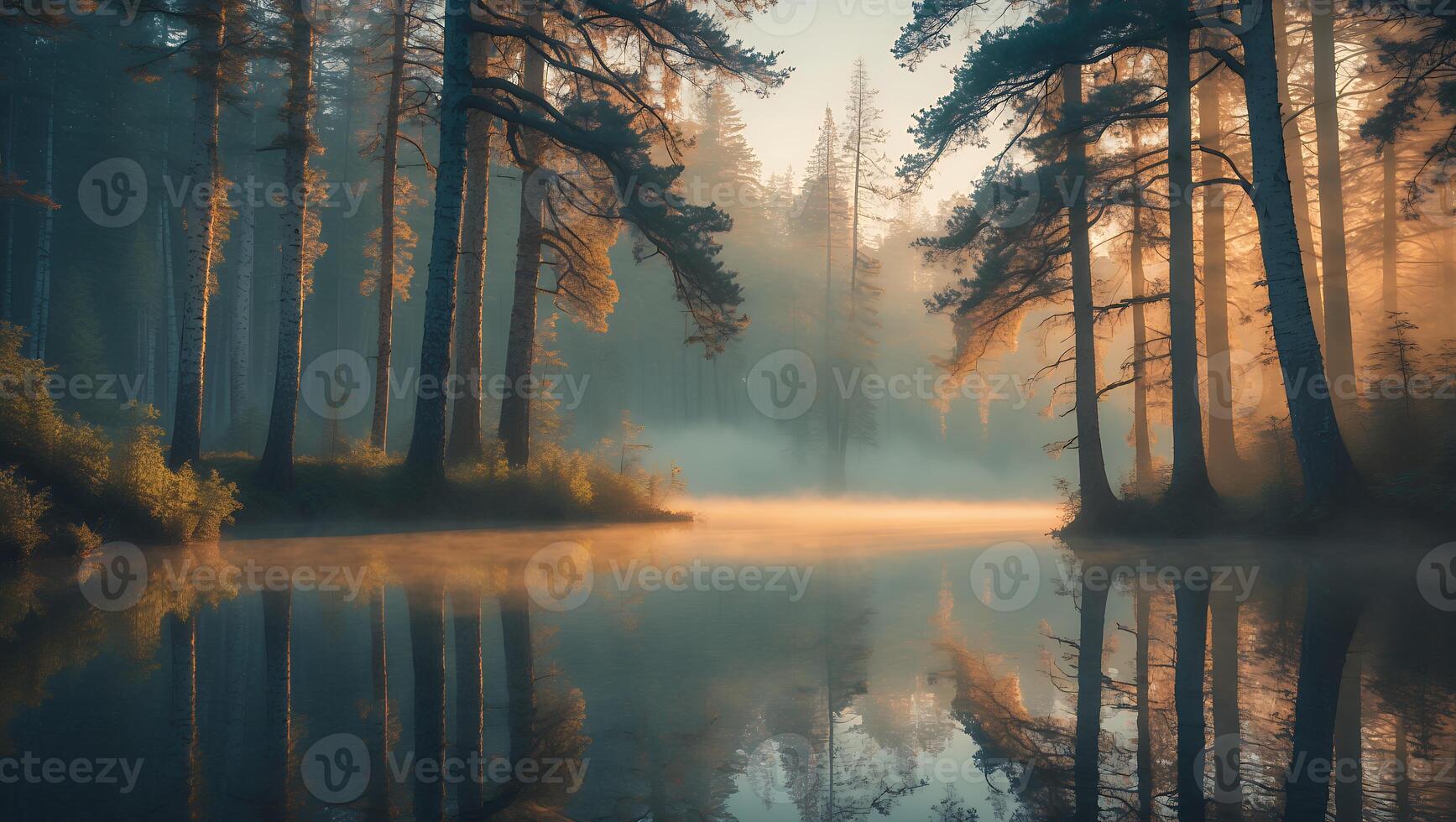 Still Lake Reflecting Forest Trees with Foggy Morning Light photo